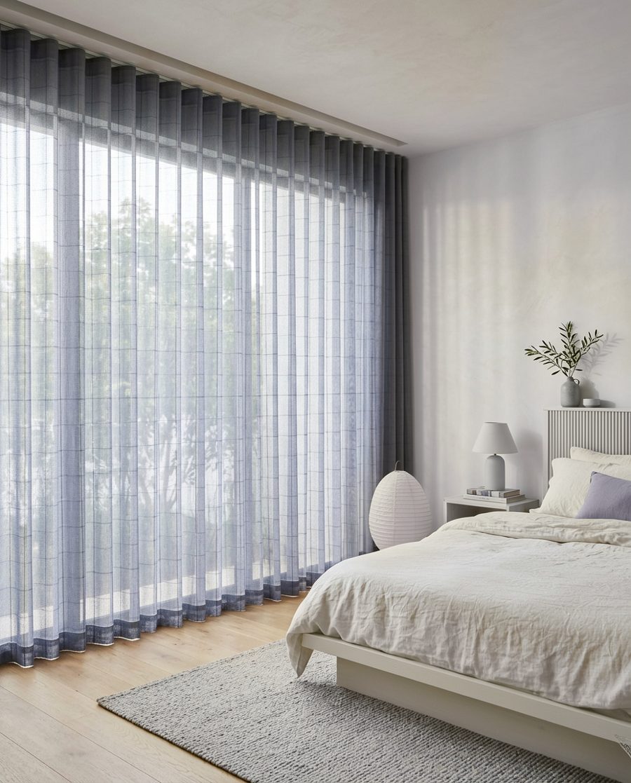 Quarto com cortina de voile grafite