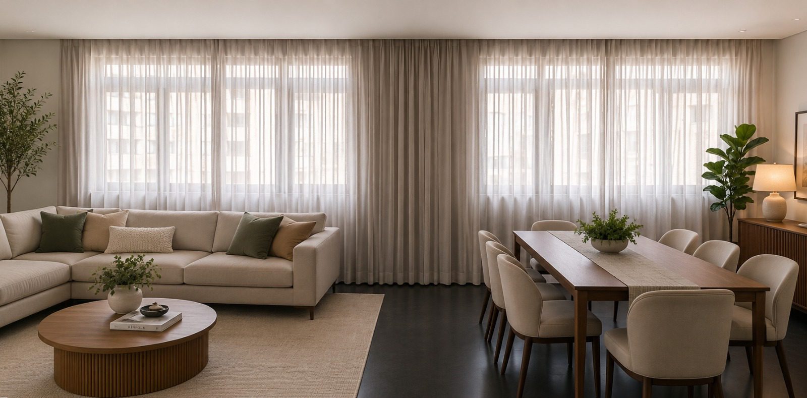Sala de jantar com cortinas de voile claro