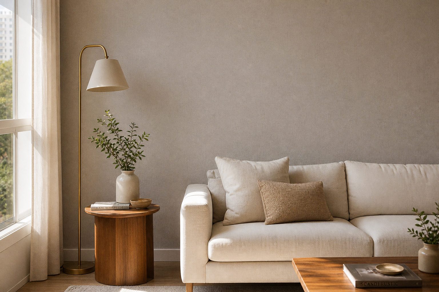 Sala com sofá claro e parede com papel de parede texturizado