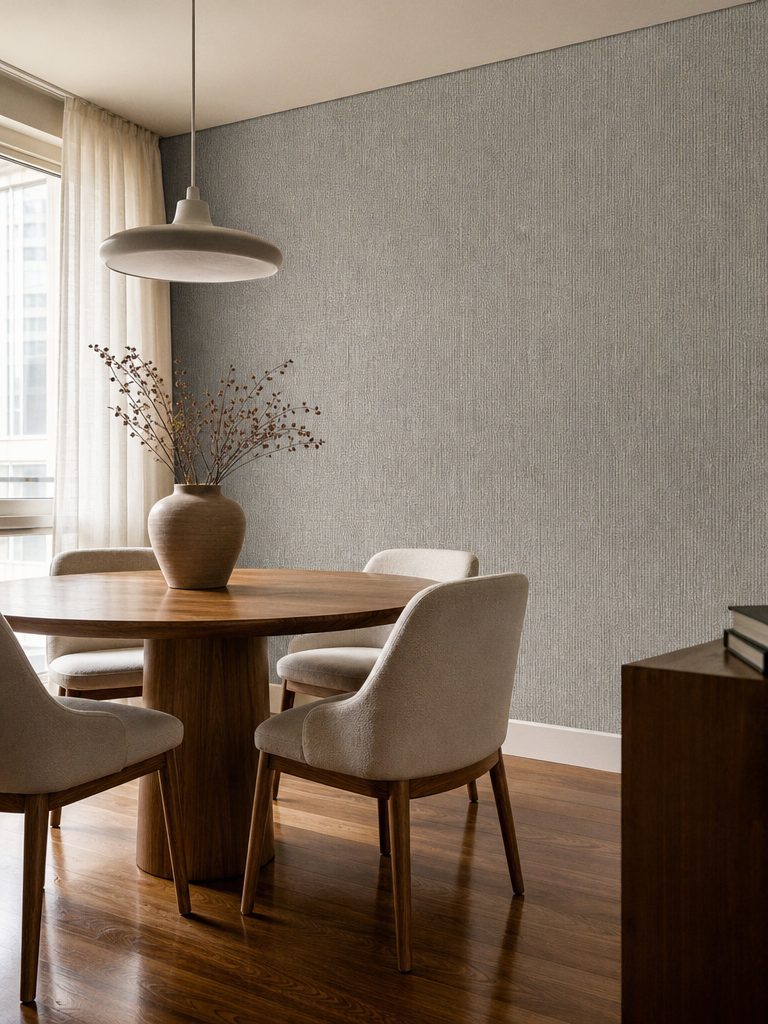 Sala de jantar com papel de parede cinza texturizado
