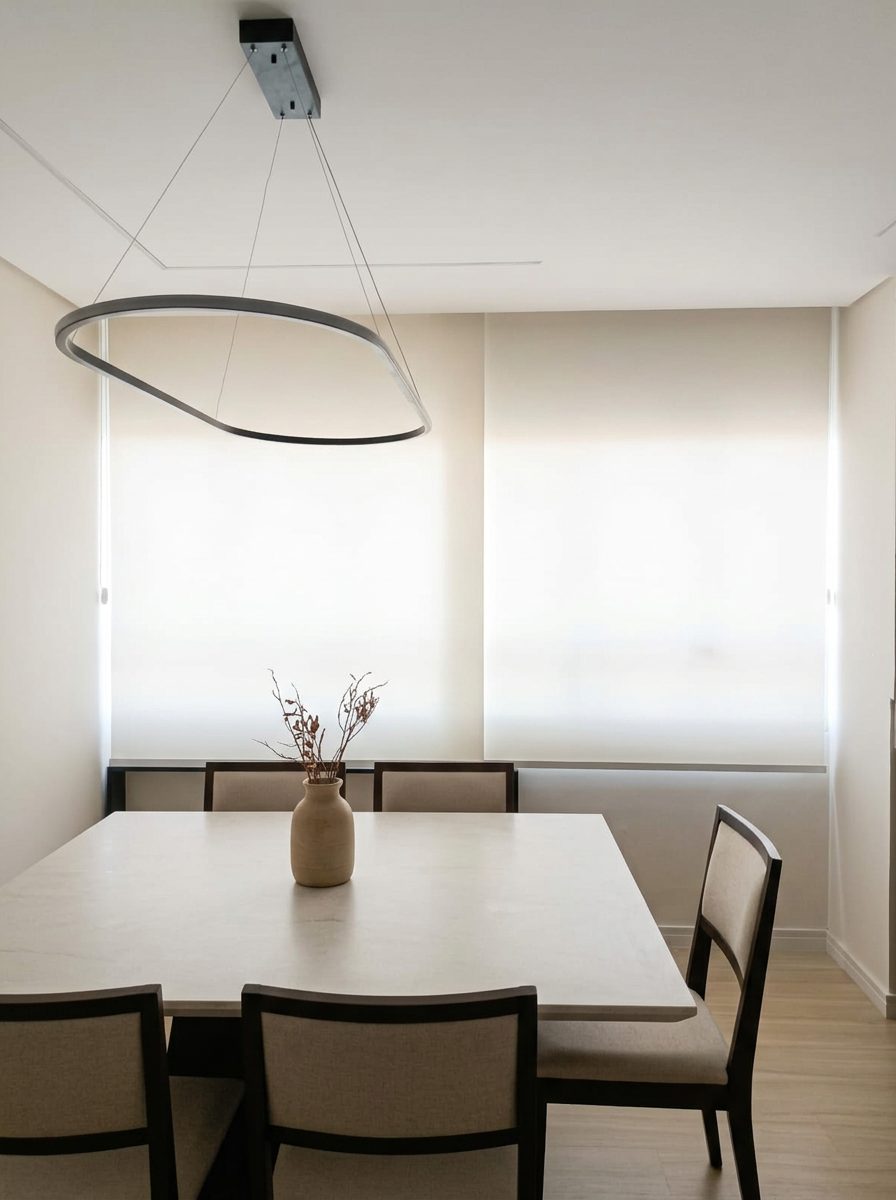 Sala de jantar com persianas rolô tela solar 1% embutidas no forro